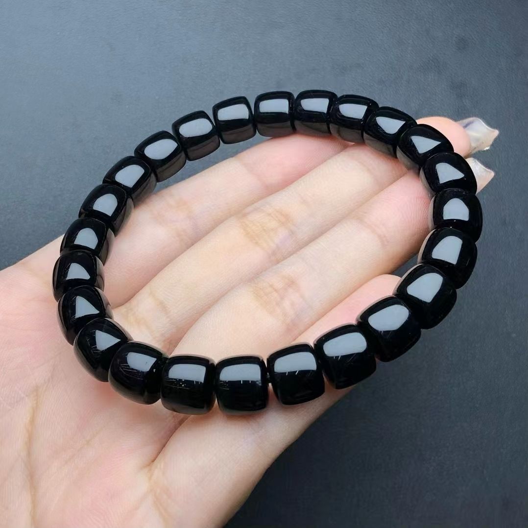 天然黑玛瑙老型珠手链鼓珠桶珠手串黑玛瑙切角手串单圈直切男女款
