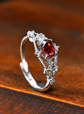 天然酒红色石榴石戒指女款开口可调节活口戒指椭圆戒面复古镂空戒