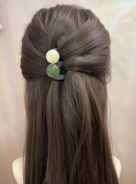 新中式u型珠珠三齿发簪丸子头盘发神器插梳简约古风发钗汉服头饰