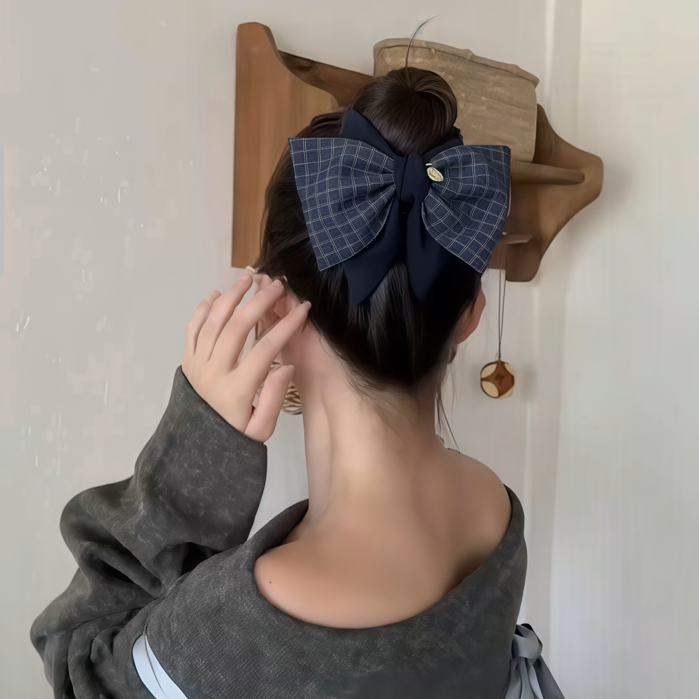 双层格子蝴蝶结三角抓夹女后脑勺盘发鲨鱼夹半扎发马尾夹发卡头饰