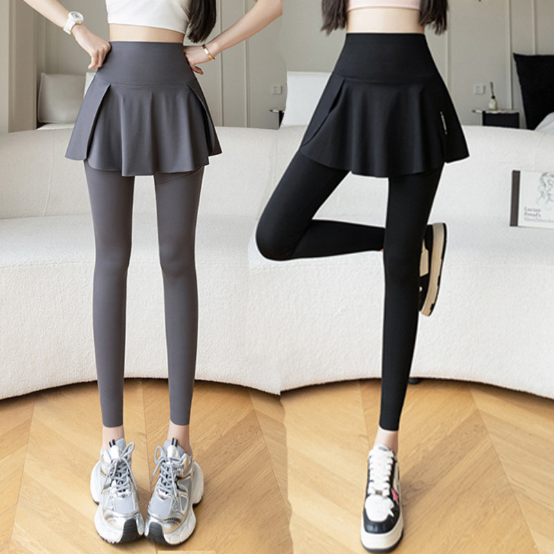 春秋大码假两件一体裙裤高腰显瘦口袋打底裤外穿瑜伽女裤鲨鱼长裤