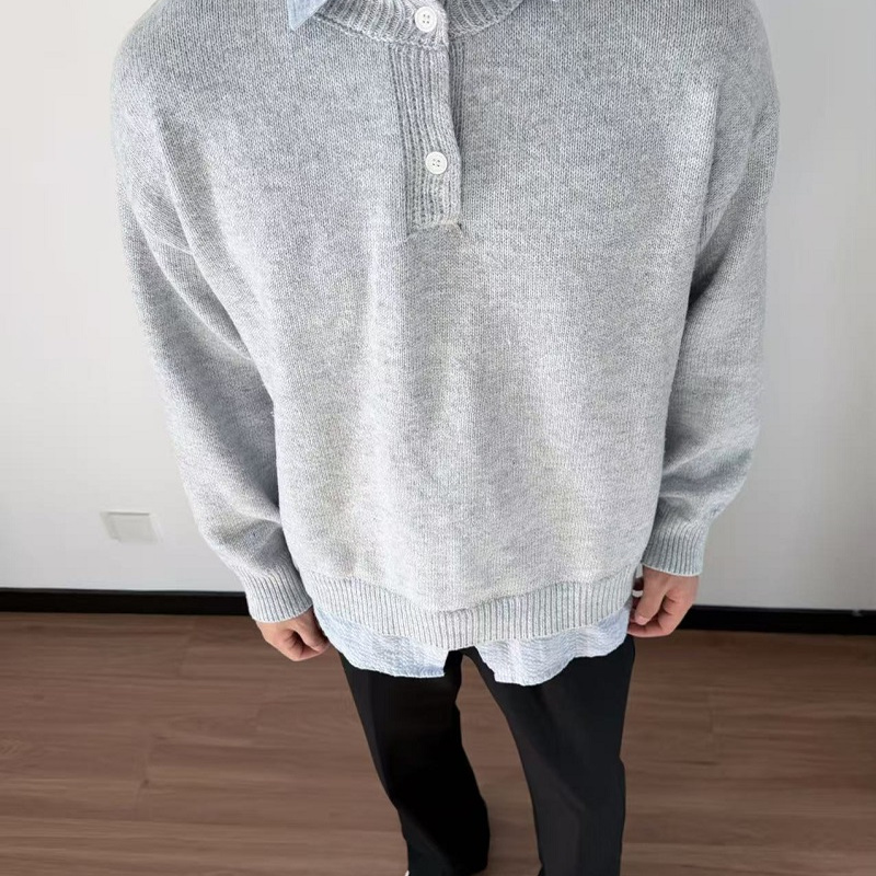 韩版假两件复古Polo领毛衣