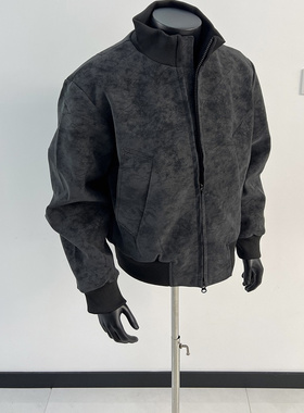 GZ SHOP复古立领加绒痞帅棉服宽松扎染设计感皮衣外套