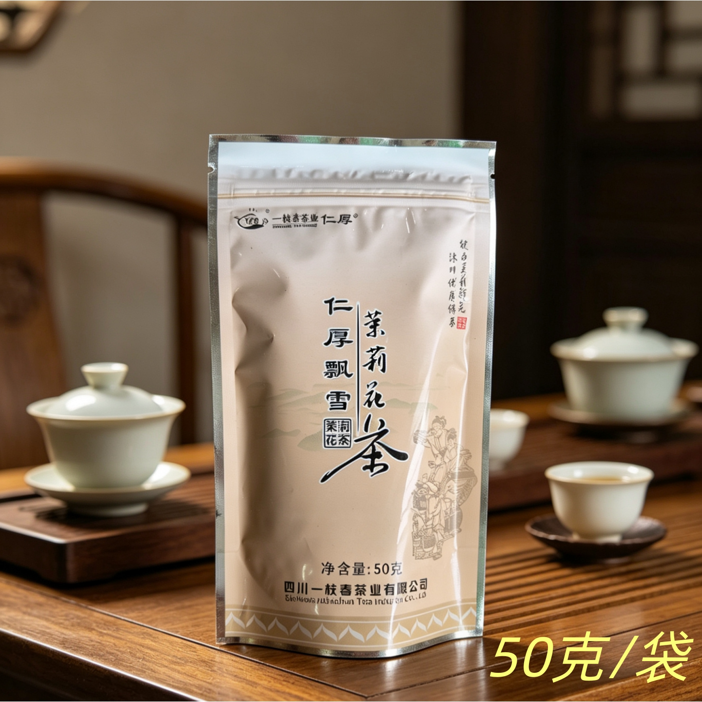 2026年新茶叶一枝春茶业仁厚飘雪茉莉花茶50克/袋茉莉花茶毛峰