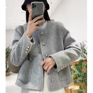 名媛小香风毛呢外套女秋冬新款圆领小个子双面羊绒桑蚕丝大衣短款