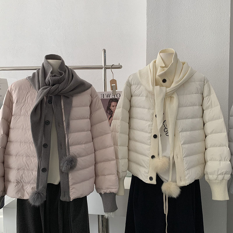 韩版百搭针织拼接加厚保暖羽绒服宽松白鸭绒长袖外套立领