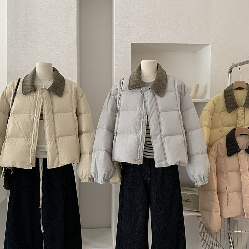 灯芯绒翻领羽绒服女加厚保暖外套时尚韩版长袖面包服高级感