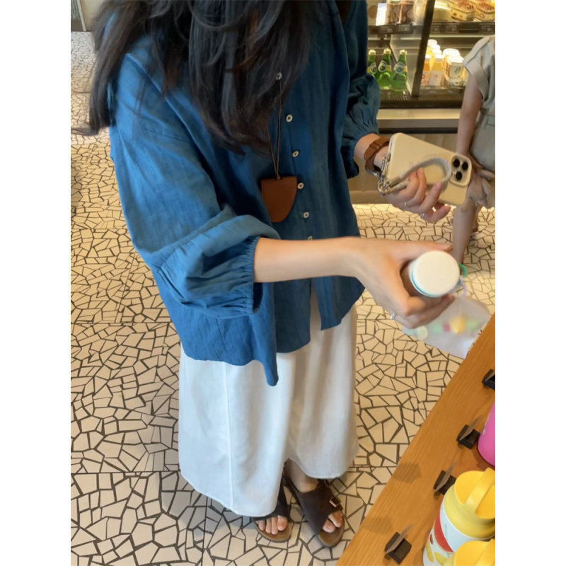 宽松慵懒孔雀蓝衬衫女