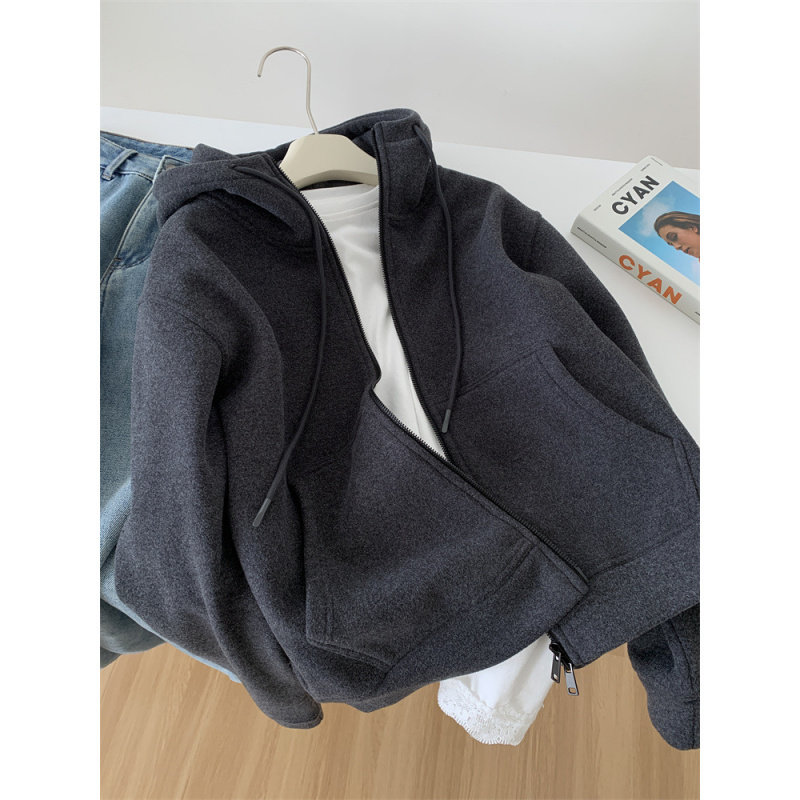重磅加厚深灰色卫衣外套女气质慵懒保暖百搭早春韩版连帽拉链开衫