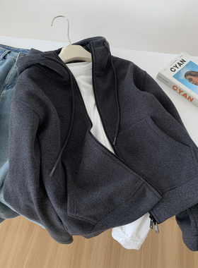 重磅加厚深灰色卫衣外套女气质慵懒保暖百搭早春韩版连帽拉链开衫