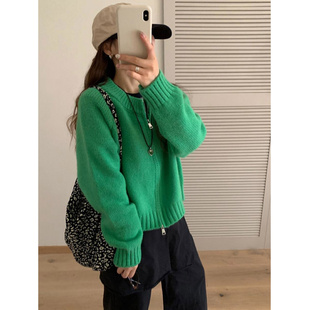 秋冬新品小个子针织开衫女圆领双拉链软糯毛衣外套厚实