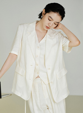 2025夏季新品时尚天丝亚麻短袖西装外套女气质通勤休闲西服85532