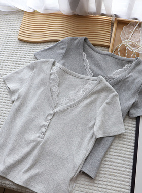 2025夏季新韩版领蕾丝拼接修身显瘦短款短袖恤女上衣