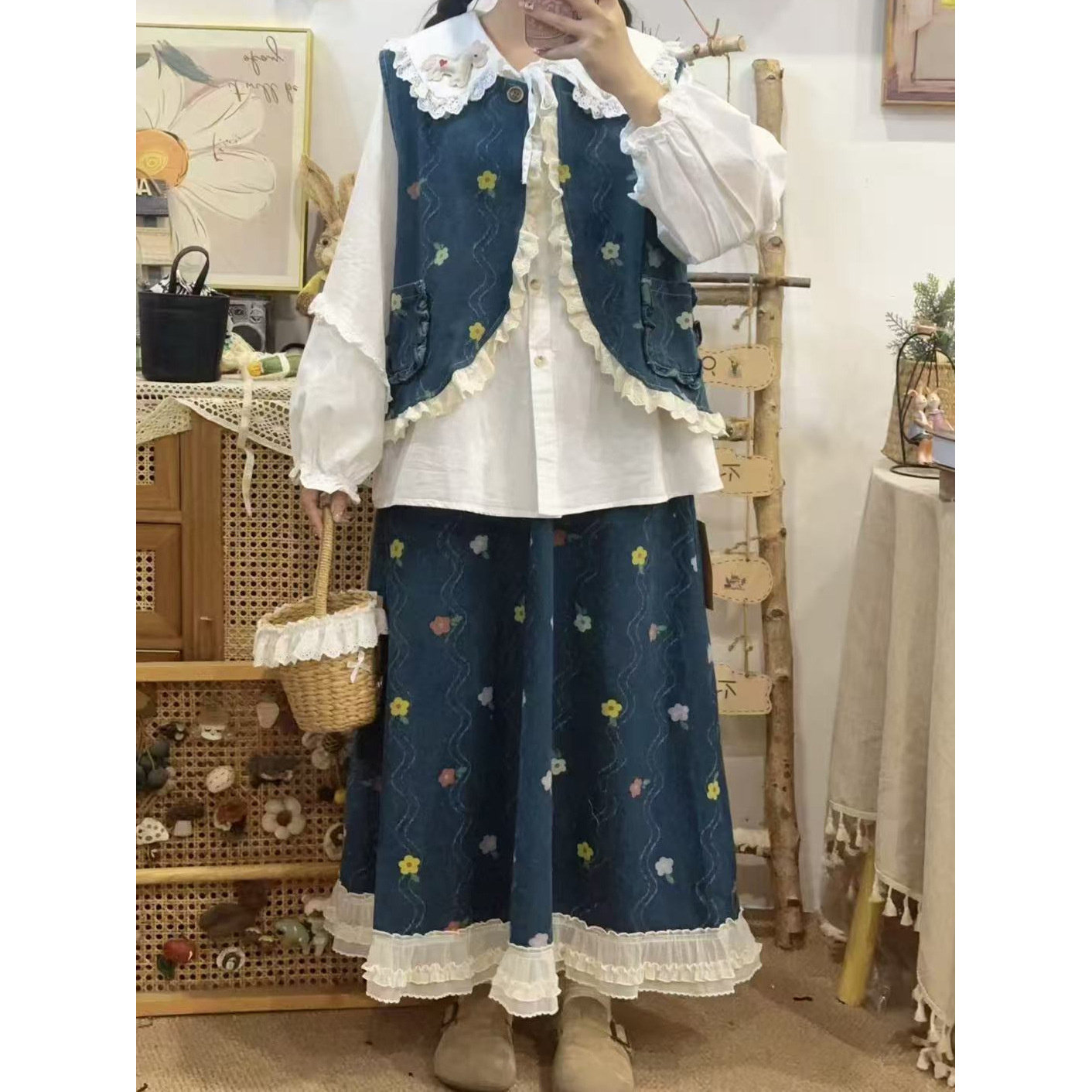 日系森系小花牛仔马甲