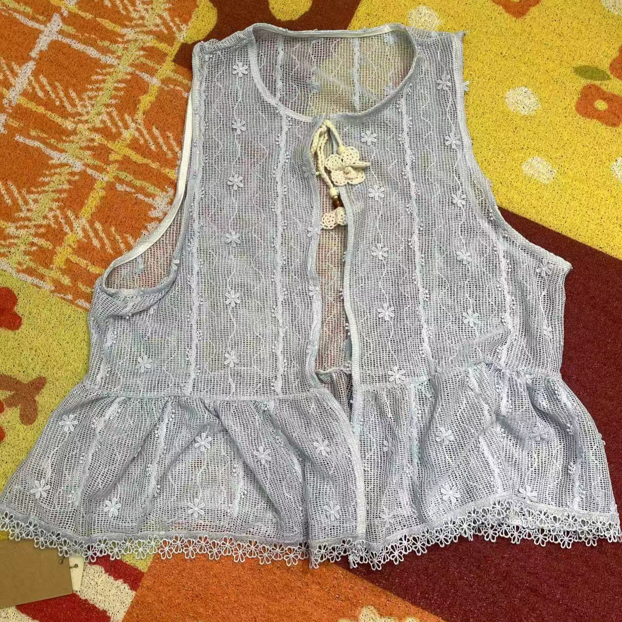 淡蓝网纱马甲女夏小花镂空上衣