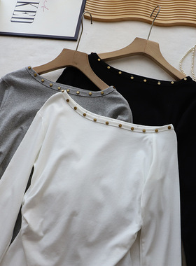 2025秋季新款韩版铆钉斜肩领不规则收腰显瘦长袖恤女