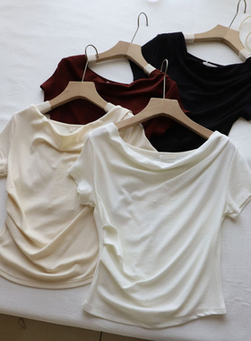 2025春夏新品韩系磨毛气质荡领抽褶收腰显瘦短袖恤女
