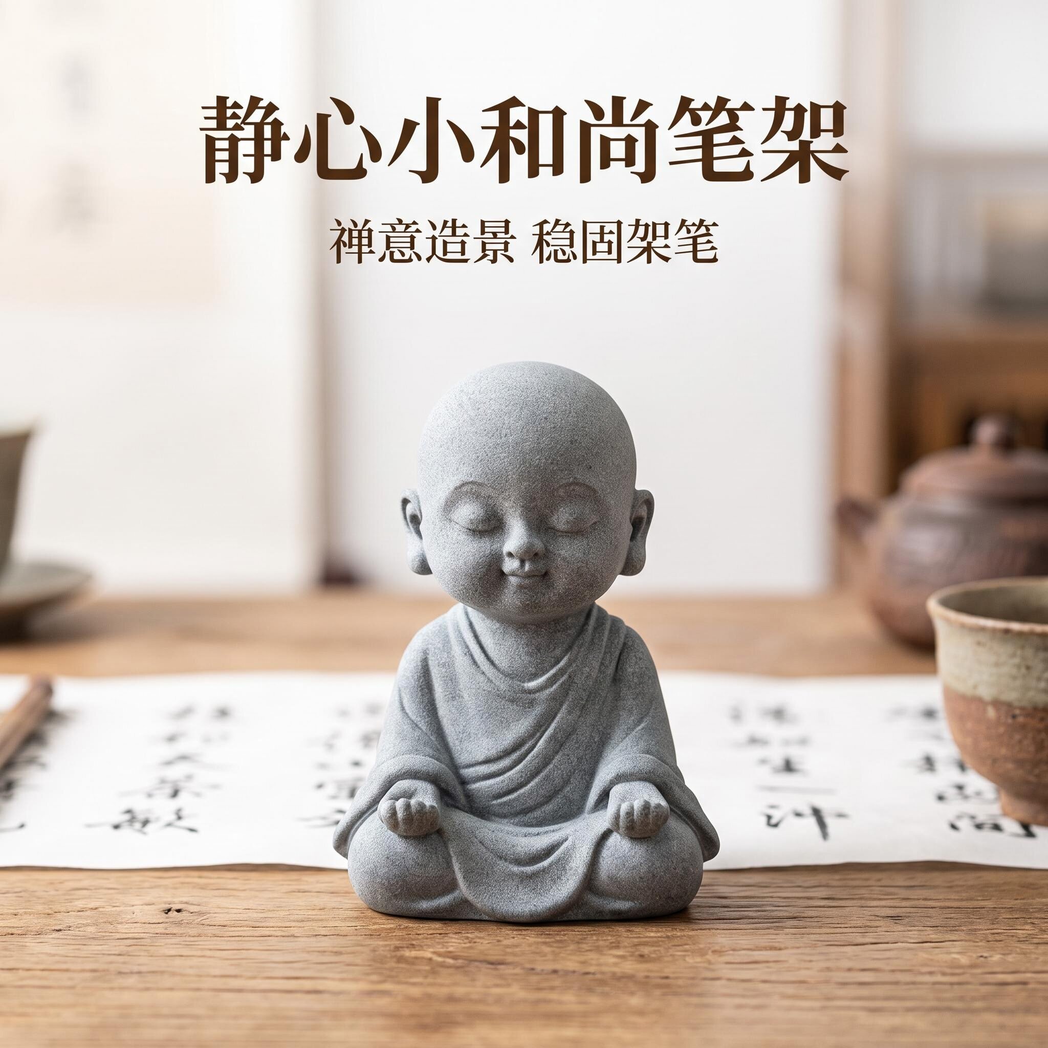 青砂石静心小沙弥和尚摆件笔架笔搁家居客厅玄关茶桌鱼缸创意装饰
