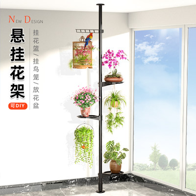 顶天立地式悬挂鸟笼架阳台窗台室内吊兰绿萝伸缩挂式花篮花盆架子