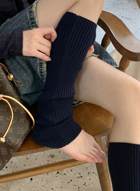 藏蓝色羊毛袜套女秋冬纯色保暖韩系羊绒腿套普拉提瑜伽袜套堆堆袜