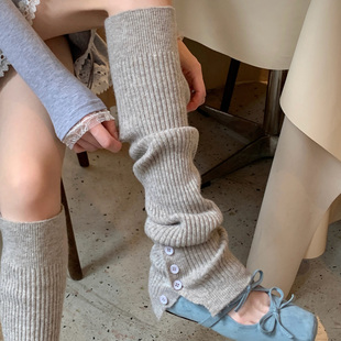 纯色基础款 针织袜套女秋冬纽扣开叉小众设计长筒堆堆袜小腿袜腿套