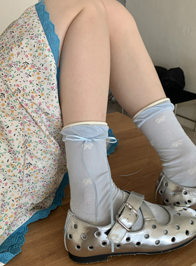 蓝色芭蕾风甜美少女蝴蝶结中筒袜女春夏薄款miu系丝带袜子堆堆袜
