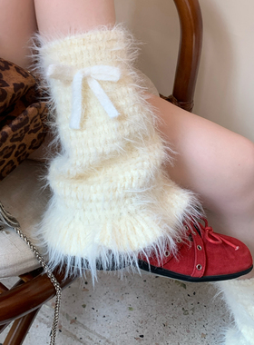 奶黄色毛毛水貂绒可爱少女袜套堆堆袜中筒袜绑带蝴蝶结荷叶边腿套