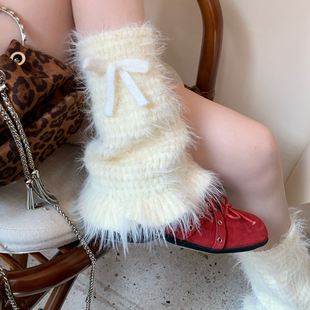 奶黄色毛毛水貂绒可爱少女袜套堆堆袜中筒袜绑带蝴蝶结荷叶边腿套