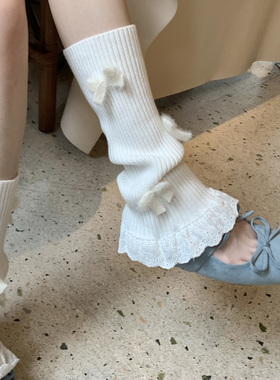 白色蝴蝶结蕾丝袜套女miu系芭蕾少女风日系针织堆堆袜腿套小腿袜