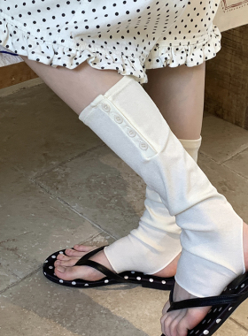 白色踩脚纽扣半掌袜套女夏季薄款开叉设计配人字拖中筒堆堆袜腿套