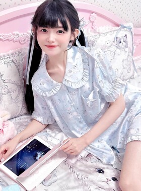 MG原创设计睡衣布偶猫系列少女冰丝荷叶边春夏短袖睡衣家居服