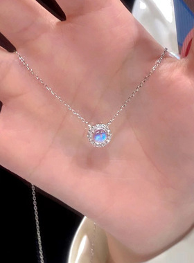 极光项链女简约小清新森系蓝色圆形锁骨链纯银送女友闺蜜生日礼物