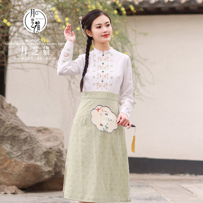 月芝猫【桂香陌】秋款民国风汉元素长袖修身显瘦连衣裙假两件3643