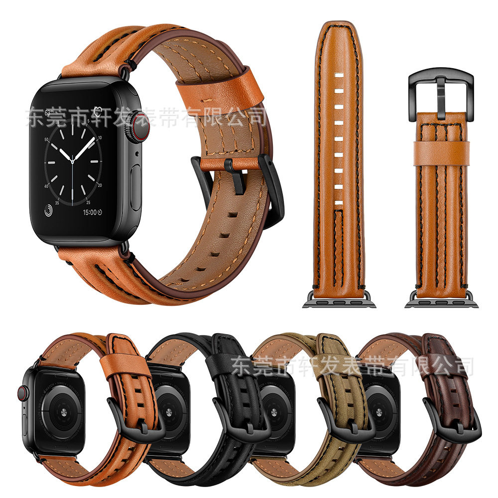 适用苹果apple I watch12345678代双龙骨带头层真牛皮苹果手表带