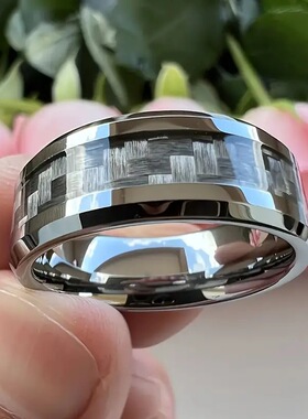 跨境热销双斜边滴胶不锈钢镶灰色碳纤维戒指 8mm钢色斜边灰碳纤维