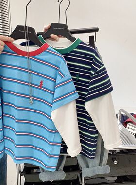 男童假两件纯棉T恤2025年中大童撞色拼接韩版长袖打底衫宝宝卫衣t