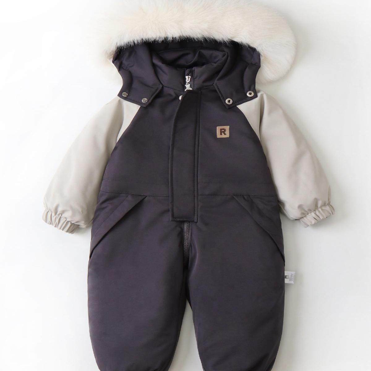 连帽拼色薄款加绒儿童滑雪服宝宝小童外出服2025冬季新款童装爬服