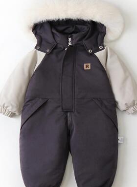 连帽拼色薄款加绒儿童滑雪服宝宝小童外出服2025冬季新款童装爬服