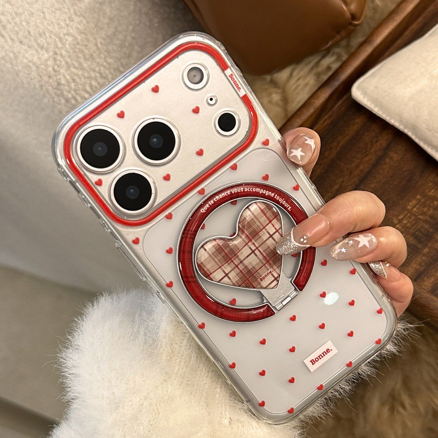 简约韩系ins满屏爱心格纹磁吸支架适用苹果17promax手机壳iPhone16pro小众女生15高颜值14透明13全包防摔12软