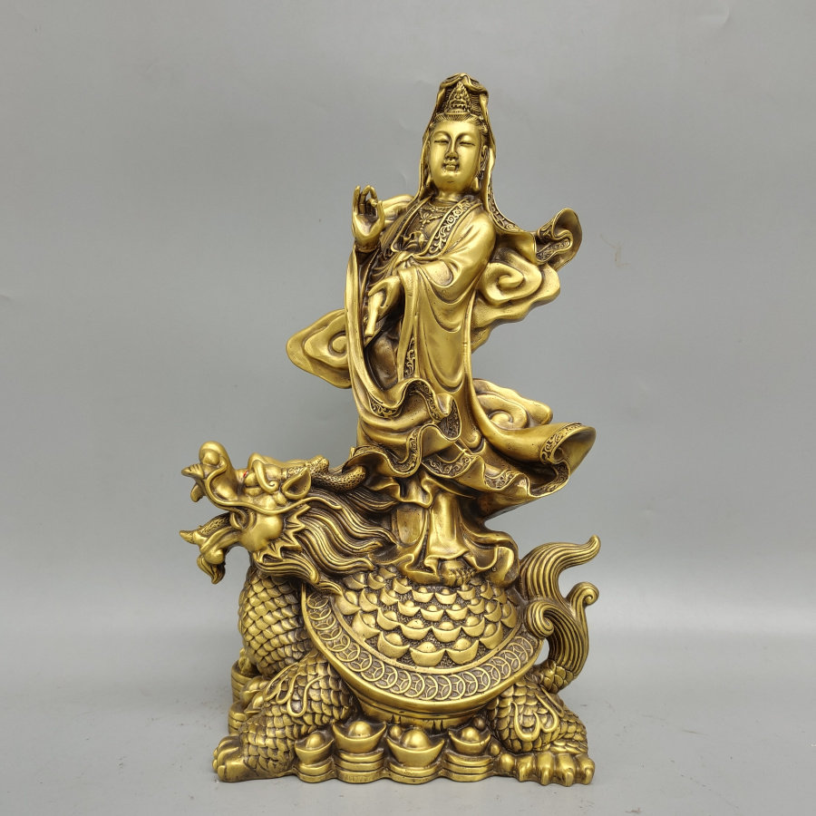 骑龙龟观音铜像摆件铜元宝金钱龟净瓶观世音菩萨镇宅招财家居供奉