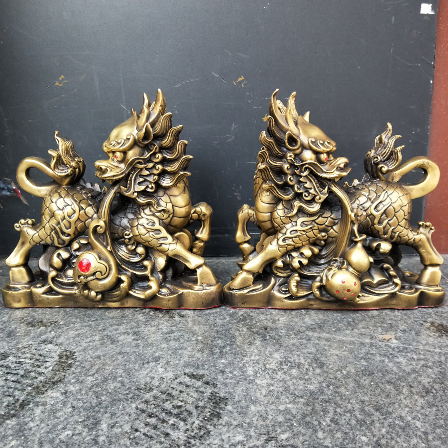 精品铜麒麟一对纯如意元宝葫芦回头麒麟神兽摆件家居招财聚财风水