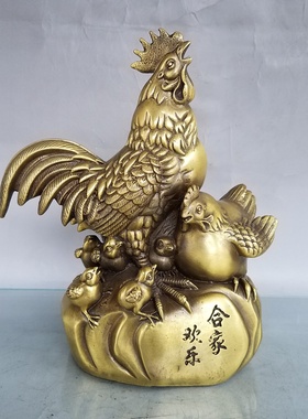 黄铜招财公鸡母鸡小鸡一家亲摆件