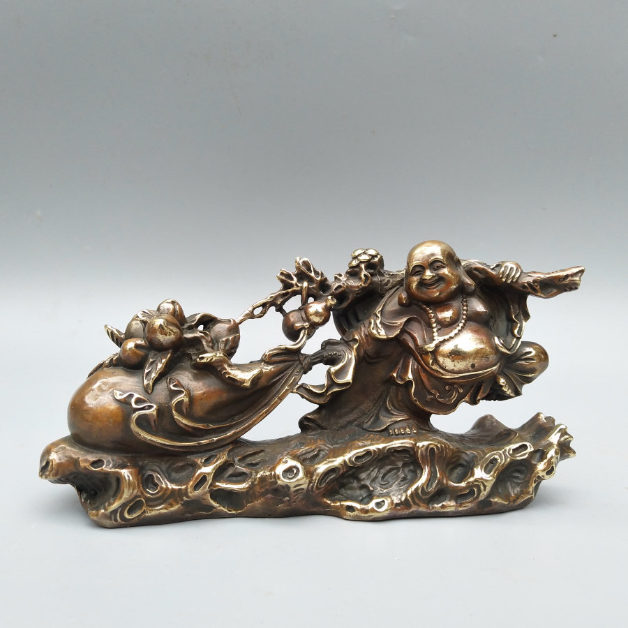 仿古弥勒佛铜像摆件寿桃黄金袋招财送财米勒长寿风水家居桌面摆设