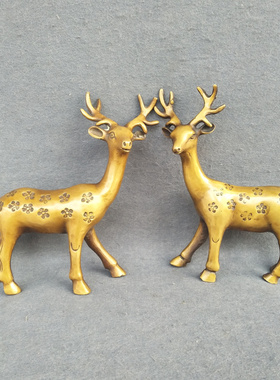 铜梅花鹿一对招发财风水客厅摆件
