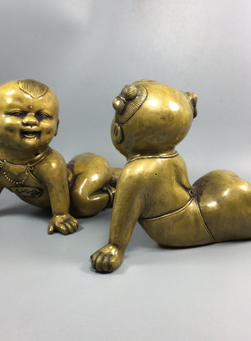 童子童女黄铜招财中式客厅摆件