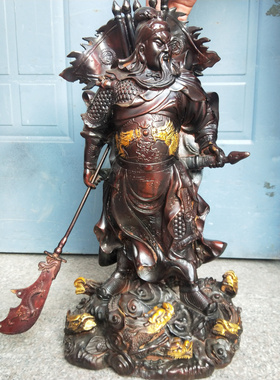 关公财神爷九龙招财门厅黄铜摆件