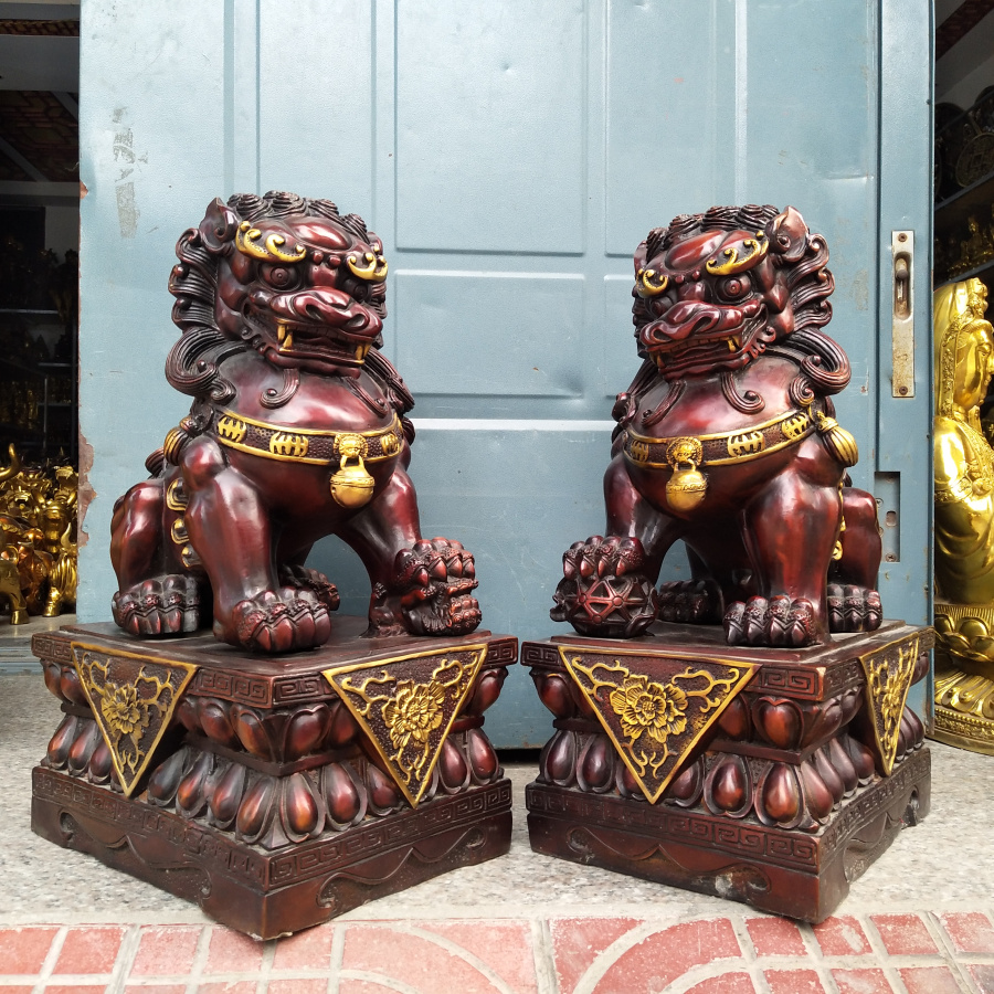 大号宫门狮子一对黄铜中式摆件