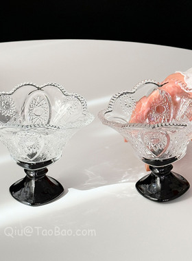 Sanq复古浮雕太阳花黑色高脚玻璃杯水杯创意咖啡杯冰淇淋杯甜品杯