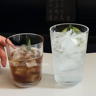Sanq复古竖纹冰美式 咖啡杯气泡水玻璃喝水杯子拿铁杯果汁杯饮品杯