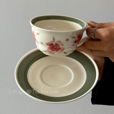 中古风手绘花绽粉漫咖啡杯碟水杯